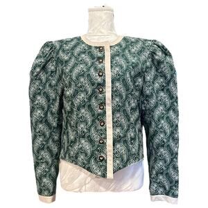 Vintage Green White Paisley Blazer Womens Sz Medium Leg Mutton Sleeve Cropped